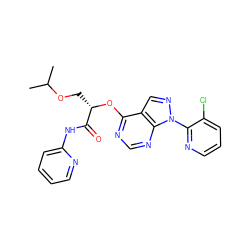 CC(C)OC[C@H](Oc1ncnc2c1cnn2-c1ncccc1Cl)C(=O)Nc1ccccn1 ZINC000114684702