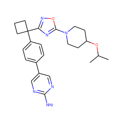 CC(C)OC1CCN(c2nc(C3(c4ccc(-c5cnc(N)nc5)cc4)CCC3)no2)CC1 ZINC001772607926