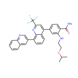 CC(C)OCCNc1cc(-c2cc(C(F)(F)F)nc3c(-c4cnc5ccccc5c4)cccc23)ccc1C(N)=O ZINC000145522864