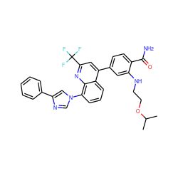 CC(C)OCCNc1cc(-c2cc(C(F)(F)F)nc3c(-n4cnc(-c5ccccc5)c4)cccc23)ccc1C(N)=O ZINC000145545046