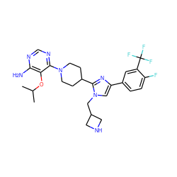 CC(C)Oc1c(N)ncnc1N1CCC(c2nc(-c3ccc(F)c(C(F)(F)F)c3)cn2CC2CNC2)CC1 ZINC000218680251