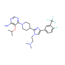 CC(C)Oc1c(N)ncnc1N1CCC(c2nc(-c3ccc(F)c(C(F)(F)F)c3)cn2CCN(C)C)CC1 ZINC000219781402