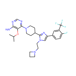 CC(C)Oc1c(N)ncnc1N1CCC(c2nc(-c3ccc(F)c(C(F)(F)F)c3)cn2CCN2CCC2)CC1 ZINC000206945774