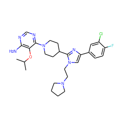 CC(C)Oc1c(N)ncnc1N1CCC(c2nc(-c3ccc(F)c(Cl)c3)cn2CCN2CCCC2)CC1 ZINC000219782790