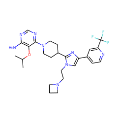 CC(C)Oc1c(N)ncnc1N1CCC(c2nc(-c3ccnc(C(F)(F)F)c3)cn2CCN2CCC2)CC1 ZINC001772600480