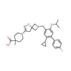 CC(C)Oc1cc(-c2ccc(F)cc2)c(C2CC2)cc1CN1CC2(CC(N3CCC(C)(C(=O)O)CC3)=NO2)C1 ZINC001772657792