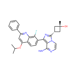 CC(C)Oc1cc(-c2ccccc2)nc2c(F)c(-c3nc([C@H]4C[C@@](C)(O)C4)n4ccnc(N)c34)ccc12 ZINC000261162349