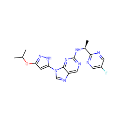 CC(C)Oc1cc(-n2cnc3cnc(N[C@@H](C)c4ncc(F)cn4)nc32)[nH]n1 ZINC000095574729