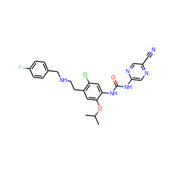 CC(C)Oc1cc(CCNCc2ccc(F)cc2)c(Cl)cc1NC(=O)Nc1cnc(C#N)cn1 ZINC000140209678