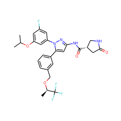 CC(C)Oc1cc(F)cc(-n2nc(NC(=O)[C@@H]3CNC(=O)C3)cc2-c2cccc(CO[C@H](C)C(F)(F)F)c2)c1 ZINC000169707436