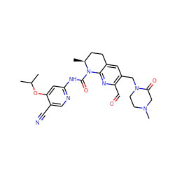 CC(C)Oc1cc(NC(=O)N2c3nc(C=O)c(CN4CCN(C)CC4=O)cc3CC[C@@H]2C)ncc1C#N ZINC001772620888