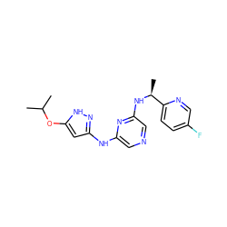 CC(C)Oc1cc(Nc2cncc(N[C@@H](C)c3ccc(F)cn3)n2)n[nH]1 ZINC000045300576