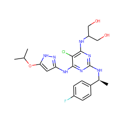 CC(C)Oc1cc(Nc2nc(N[C@@H](C)c3ccc(F)cc3)nc(NC(CO)CO)c2Cl)n[nH]1 ZINC000040860608