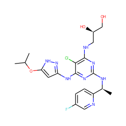 CC(C)Oc1cc(Nc2nc(N[C@@H](C)c3ccc(F)cn3)nc(NC[C@@H](O)CO)c2Cl)n[nH]1 ZINC000040847156