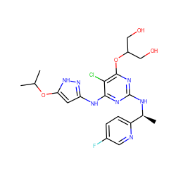 CC(C)Oc1cc(Nc2nc(N[C@@H](C)c3ccc(F)cn3)nc(OC(CO)CO)c2Cl)n[nH]1 ZINC000040849054