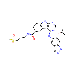 CC(C)Oc1cc2[nH]ncc2cc1Nc1ncnc2[nH]c3c(c12)C[C@@H](C(=O)NCCCS(C)(=O)=O)CC3 ZINC000205722774