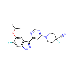 CC(C)Oc1cc2c(-c3cc(N4CCC(F)(C#N)CC4)ncn3)n[nH]c2cc1F ZINC000225554496