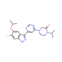 CC(C)Oc1cc2c(-c3cc(N4CCN(C(C)C)C(=O)C4)ncn3)n[nH]c2cc1F ZINC000225558384