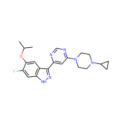 CC(C)Oc1cc2c(-c3cc(N4CCN(C5CC5)CC4)ncn3)n[nH]c2cc1F ZINC000221293052