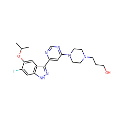 CC(C)Oc1cc2c(-c3cc(N4CCN(CCCO)CC4)ncn3)n[nH]c2cc1F ZINC000225564545