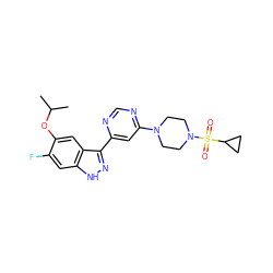 CC(C)Oc1cc2c(-c3cc(N4CCN(S(=O)(=O)C5CC5)CC4)ncn3)n[nH]c2cc1F ZINC000225550830