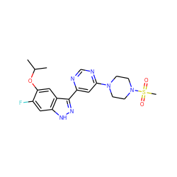 CC(C)Oc1cc2c(-c3cc(N4CCN(S(C)(=O)=O)CC4)ncn3)n[nH]c2cc1F ZINC000221209861