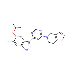 CC(C)Oc1cc2c(-c3cc(N4CCc5oncc5C4)ncn3)n[nH]c2cc1F ZINC000225565803