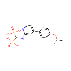 CC(C)Oc1ccc(-c2ccnc(NC(P(=O)(O)O)P(=O)(O)O)c2)cc1 ZINC000084668835