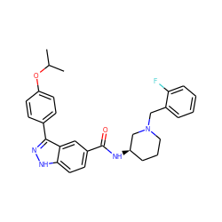 CC(C)Oc1ccc(-c2n[nH]c3ccc(C(=O)N[C@@H]4CCCN(Cc5ccccc5F)C4)cc23)cc1 ZINC000205010148