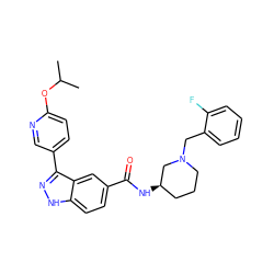 CC(C)Oc1ccc(-c2n[nH]c3ccc(C(=O)N[C@@H]4CCCN(Cc5ccccc5F)C4)cc23)cn1 ZINC000205010205