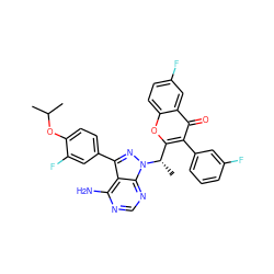 CC(C)Oc1ccc(-c2nn([C@@H](C)c3oc4ccc(F)cc4c(=O)c3-c3cccc(F)c3)c3ncnc(N)c23)cc1F ZINC000141831516