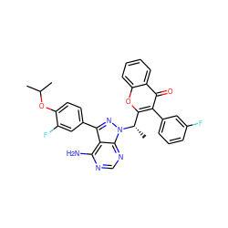 CC(C)Oc1ccc(-c2nn([C@@H](C)c3oc4ccccc4c(=O)c3-c3cccc(F)c3)c3ncnc(N)c23)cc1F ZINC000113181905