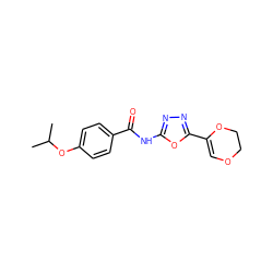 CC(C)Oc1ccc(C(=O)Nc2nnc(C3=COCCO3)o2)cc1 ZINC000004264474