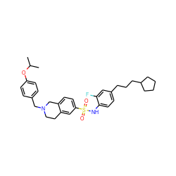 CC(C)Oc1ccc(CN2CCc3cc(S(=O)(=O)Nc4ccc(CCCC5CCCC5)cc4F)ccc3C2)cc1 ZINC000261100402