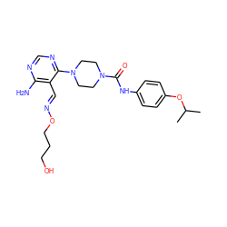 CC(C)Oc1ccc(NC(=O)N2CCN(c3ncnc(N)c3/C=N/OCCCO)CC2)cc1 ZINC000028824259