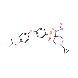 CC(C)Oc1ccc(Oc2ccc(S(=O)(=O)C3(C(=O)NO)CCN(C4CC4)CC3)cc2)cc1 ZINC000072109128