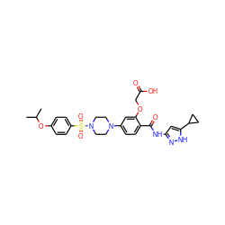 CC(C)Oc1ccc(S(=O)(=O)N2CCN(c3ccc(C(=O)Nc4cc(C5CC5)[nH]n4)c(OCC(=O)O)c3)CC2)cc1 ZINC001772619082