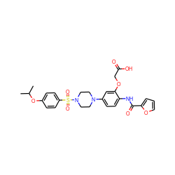 CC(C)Oc1ccc(S(=O)(=O)N2CCN(c3ccc(NC(=O)c4ccco4)c(OCC(=O)O)c3)CC2)cc1 ZINC000115249974