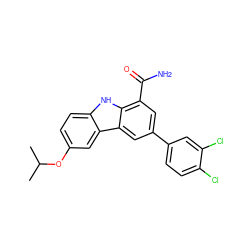 CC(C)Oc1ccc2[nH]c3c(C(N)=O)cc(-c4ccc(Cl)c(Cl)c4)cc3c2c1 ZINC000113198822