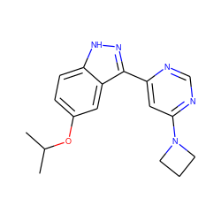 CC(C)Oc1ccc2[nH]nc(-c3cc(N4CCC4)ncn3)c2c1 ZINC000225571996