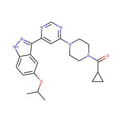 CC(C)Oc1ccc2[nH]nc(-c3cc(N4CCN(C(=O)C5CC5)CC4)ncn3)c2c1 ZINC000221209699