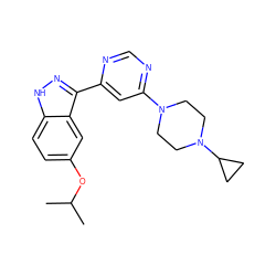 CC(C)Oc1ccc2[nH]nc(-c3cc(N4CCN(C5CC5)CC4)ncn3)c2c1 ZINC000221157348