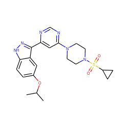 CC(C)Oc1ccc2[nH]nc(-c3cc(N4CCN(S(=O)(=O)C5CC5)CC4)ncn3)c2c1 ZINC000221209782