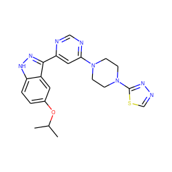 CC(C)Oc1ccc2[nH]nc(-c3cc(N4CCN(c5nncs5)CC4)ncn3)c2c1 ZINC000225559174