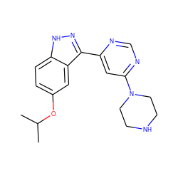 CC(C)Oc1ccc2[nH]nc(-c3cc(N4CCNCC4)ncn3)c2c1 ZINC000221157606