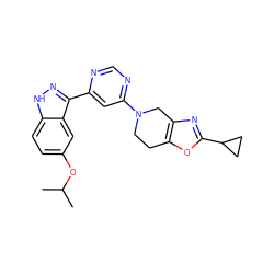 CC(C)Oc1ccc2[nH]nc(-c3cc(N4CCc5oc(C6CC6)nc5C4)ncn3)c2c1 ZINC000225565301