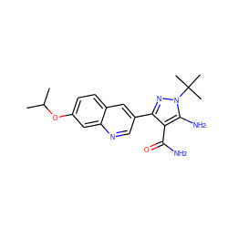 CC(C)Oc1ccc2cc(-c3nn(C(C)(C)C)c(N)c3C(N)=O)cnc2c1 ZINC000221717317