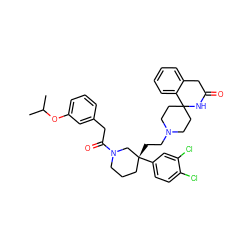 CC(C)Oc1cccc(CC(=O)N2CCC[C@@](CCN3CCC4(CC3)NC(=O)Cc3ccccc34)(c3ccc(Cl)c(Cl)c3)C2)c1 ZINC000029335839