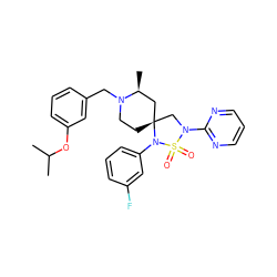 CC(C)Oc1cccc(CN2CC[C@@]3(C[C@@H]2C)CN(c2ncccn2)S(=O)(=O)N3c2cccc(F)c2)c1 ZINC000095573344