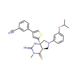 CC(C)Oc1cccc(N2C[C@H]3C(=O)N(C)C(=N)N[C@@]3(c3cc(-c4cccc(C#N)c4)cs3)C2)c1 ZINC000095575010